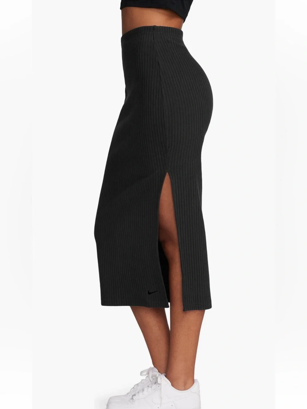 Nike Black Ribbed Midi Skirt with Side Slit